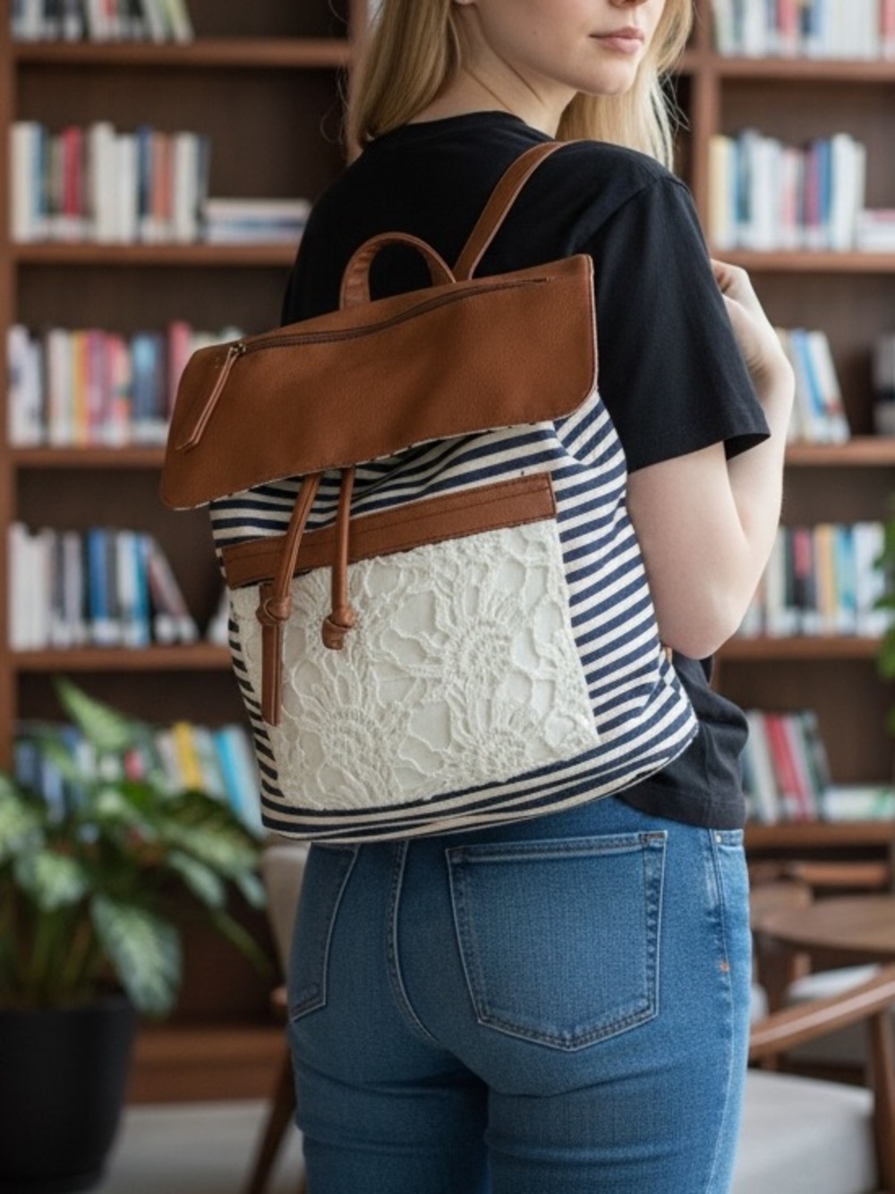 Madden Girl Striped Navy & Cream Lace Backpack with Brown Trim